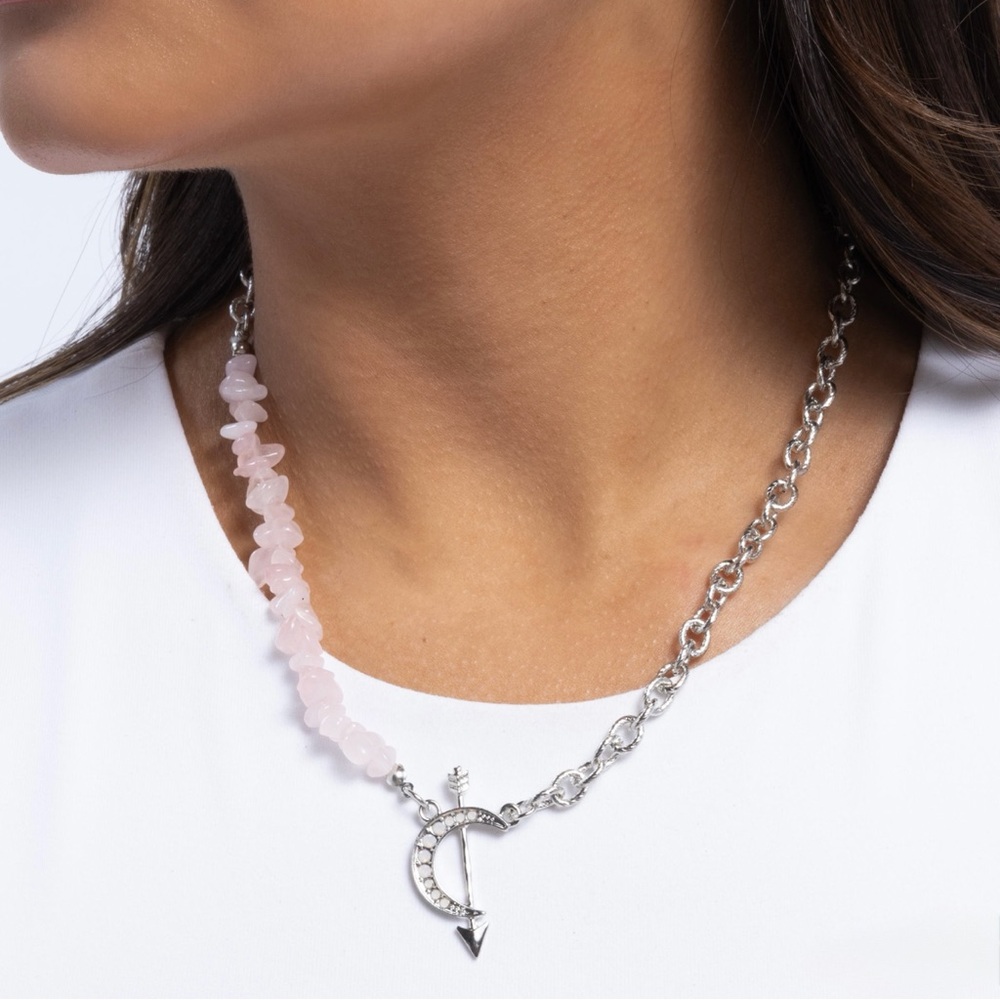 Silver and Rose Quartz Crescent Necklace